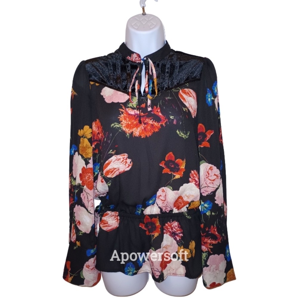 Worthington Floral Print Blouse Top with Velvet Detailing and Neck String Tie